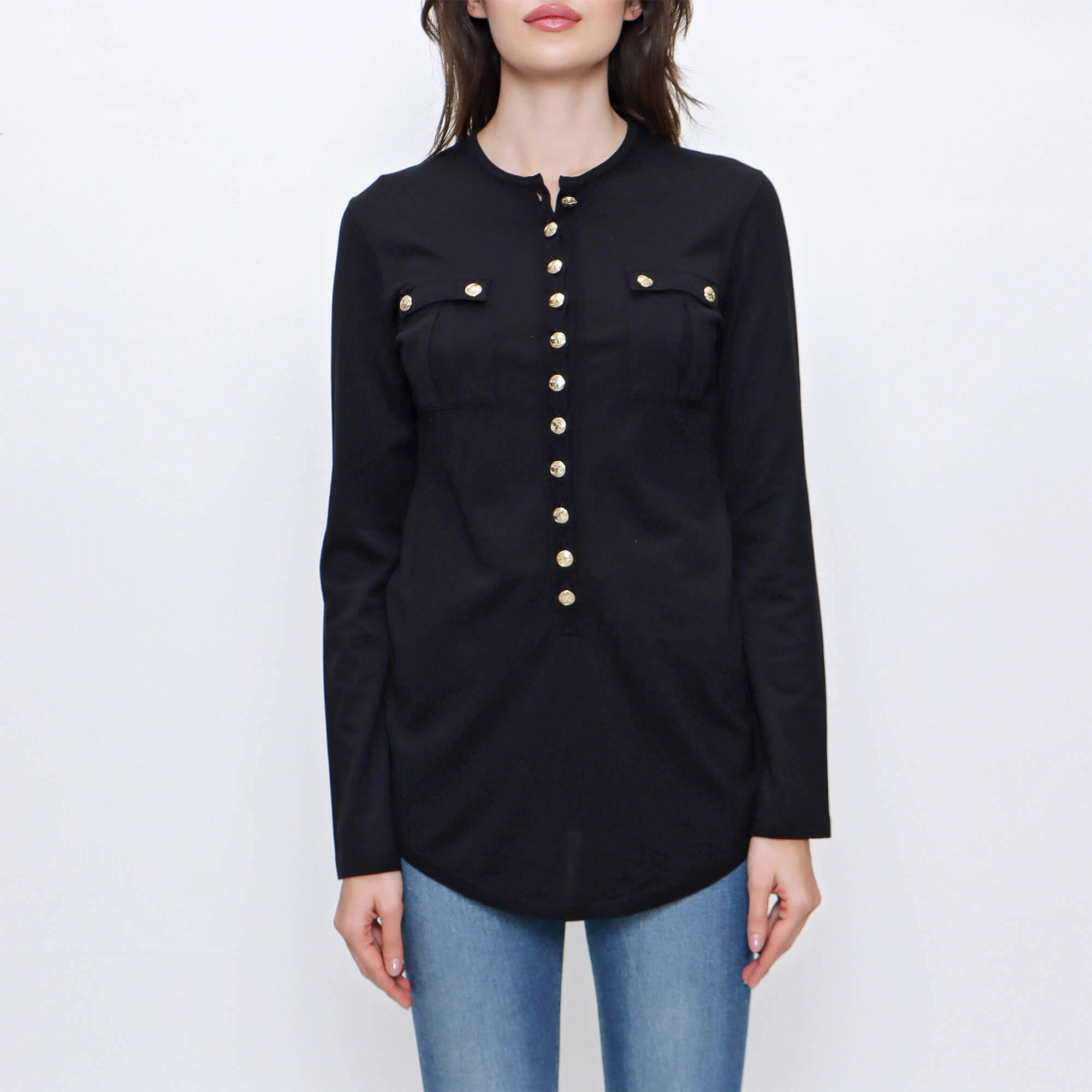 Balmain - Black Cotton Gold Button Long Sleeve T shirt 